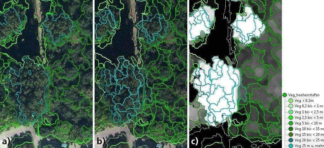 Abb. 14: Ergebnis der Unterteilung in Vegetationsstrukturen mithilfe der Multiresolution Segmentation (b und c) innerhalb der einzelnen Höhenstufen aus der vorangehenden Multi Threshold Segmentation (a, vgl. Abb. 13) (Bild: Quelle DLR 2013)