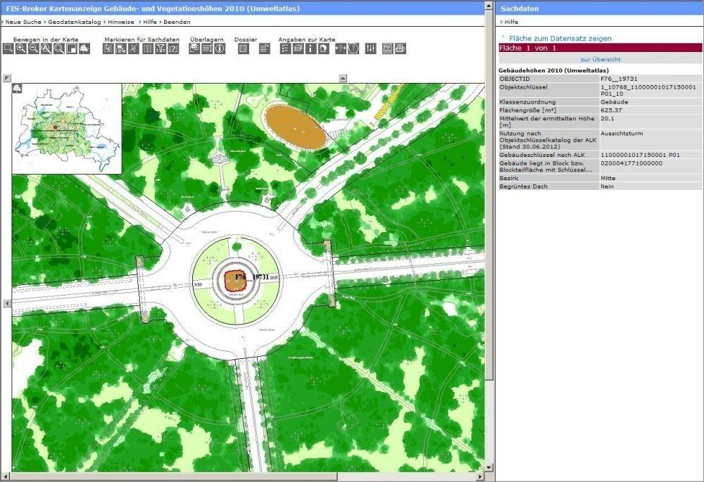 Abb. 17: Gebäudehöhenerfassung am Beispiel der Siegessäule; hier weicht die berechnete mittlere Höhe von rund 20 m deutlich von der maximalen Höhe des gesamten Objektes von 67 m ab (Bild: Quelle: FIS-Broker 2013)