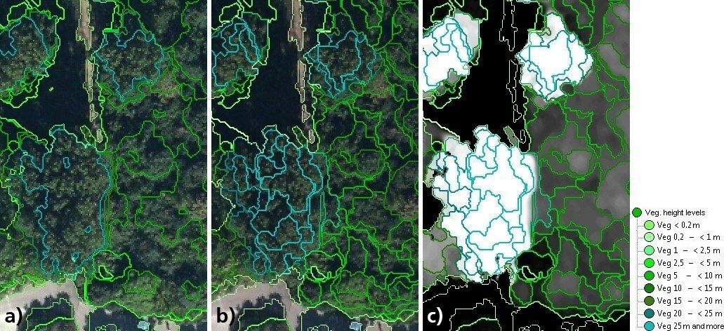 Fig. 14: Results of the subdivision into vegetation structures with the aid of multi-resolution segmentation (b & c) within particular height levels, from the preceding multi-threshold segmentation (a, cf. Figure 13) (Image: Source: DLR 2013)