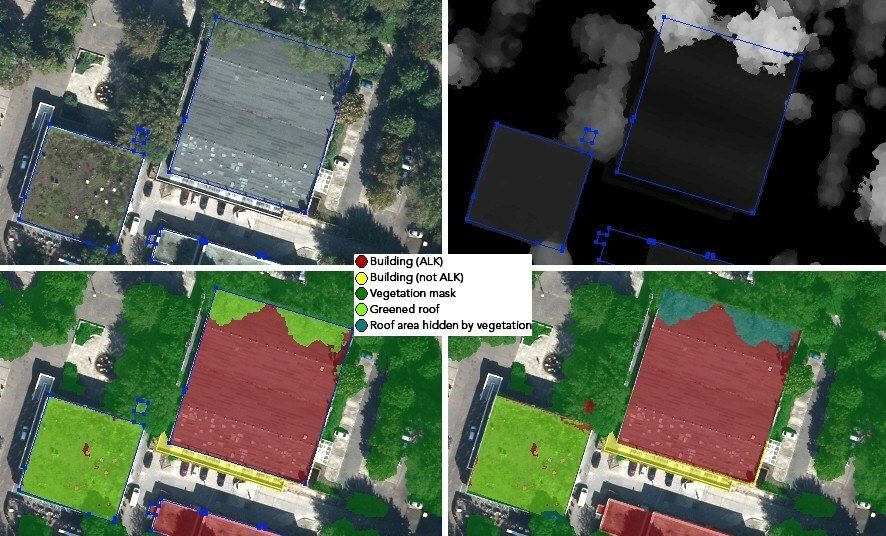 Fig. 16: Classification results of the class “Roof segments covered by vegetation” (conclusive representation below right)