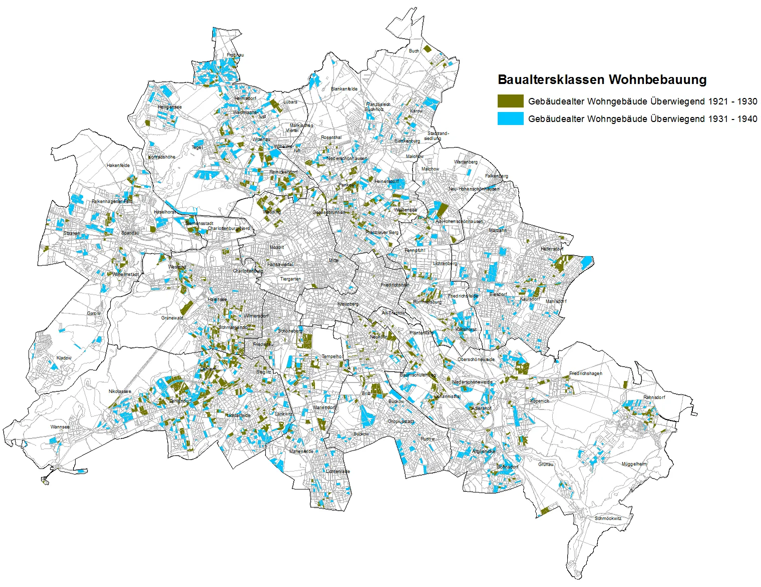 Abb. 3: Verteilung der Blöcke und Blockteilflächen mit überwiegenden Baualtersklassen Wohnungsbau aus den Jahrzehnten 1921-1930 und 1931-1940 (Bild: Umweltatlas Berlin)
