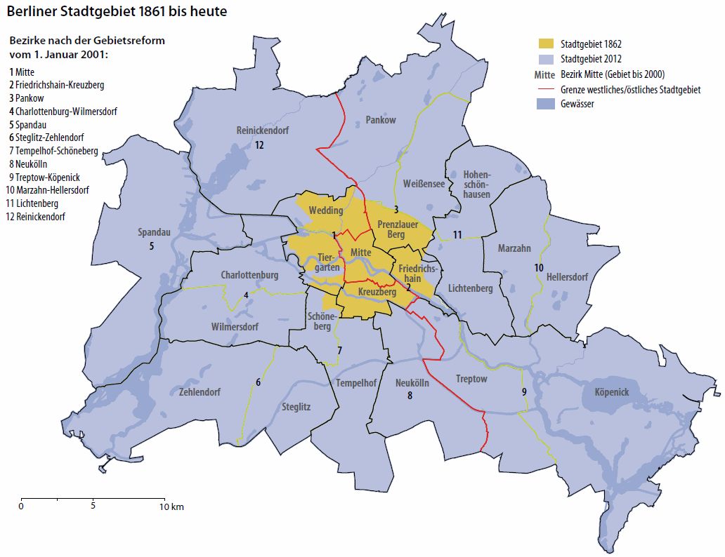 Abb. 5: Berliner Stadtgebiet 1861 bis heute, Bezirksgliederung vor und nach der Gebietsreform 2001 (Bild: AfS 2012)