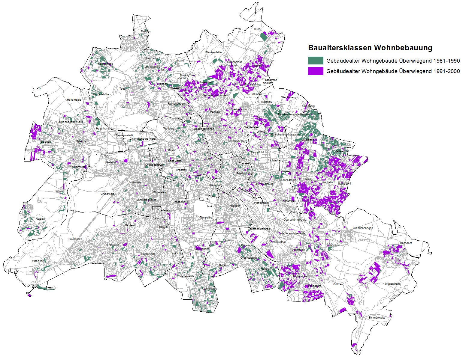 Abb. 4: Verteilung der Blöcke und Blockteilflächen mit überwiegenden Baualtersklassen Wohnungsbau aus den Jahrzehnten 1981-1990 und 1991-2000 (Bild: Umweltatlas Berlin)