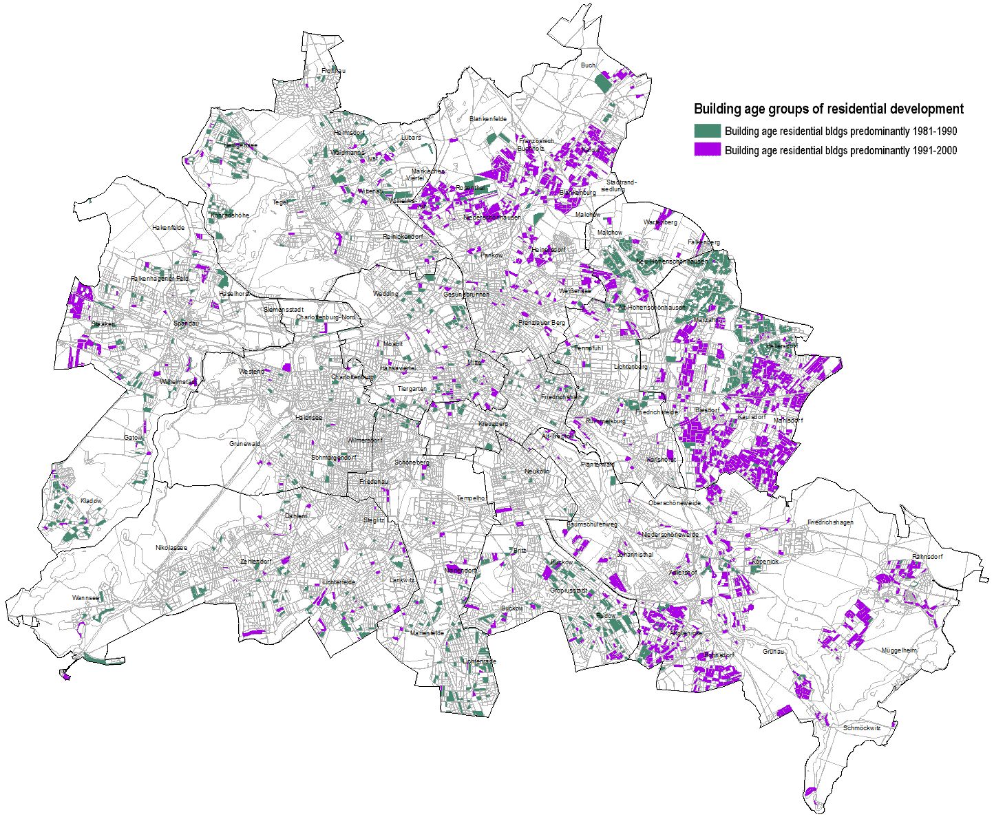 Fig. 4: Distribution of blocks and block segments mainly from residential development building age groups for the decades 1981-1990 and 1991-2000 (Image: Umweltatlas Berlin)