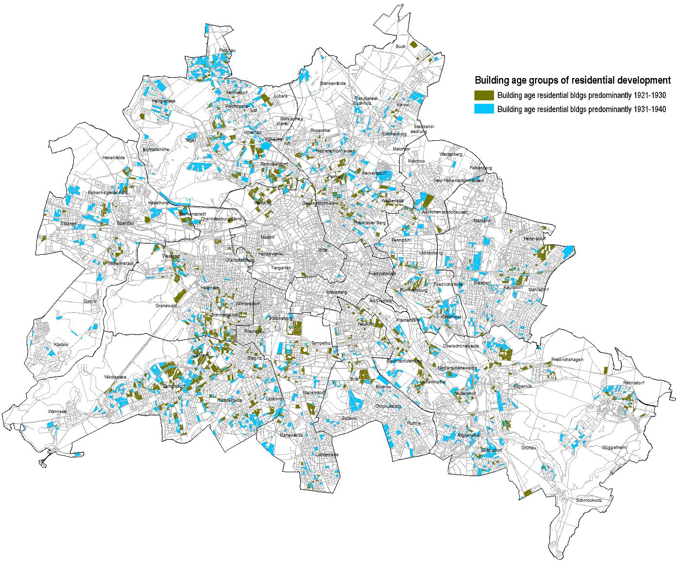Fig. 3: Distribution of blocks and block segments mainly from residential development building age groups for the decades 1921-1930 and 1931-1940 (Image: Umweltatlas Berlin)