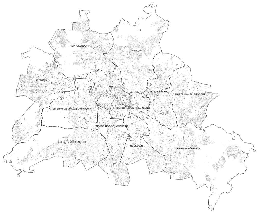 Abb. 3: Verteilung der Objekte des Objektartenbereichs „Bauwerke“ im Datenbestand des 3D-Gebäudemodells LoD2 Berlin (Stand 10.05.2023) (Bild: Umweltatlas Berlin)