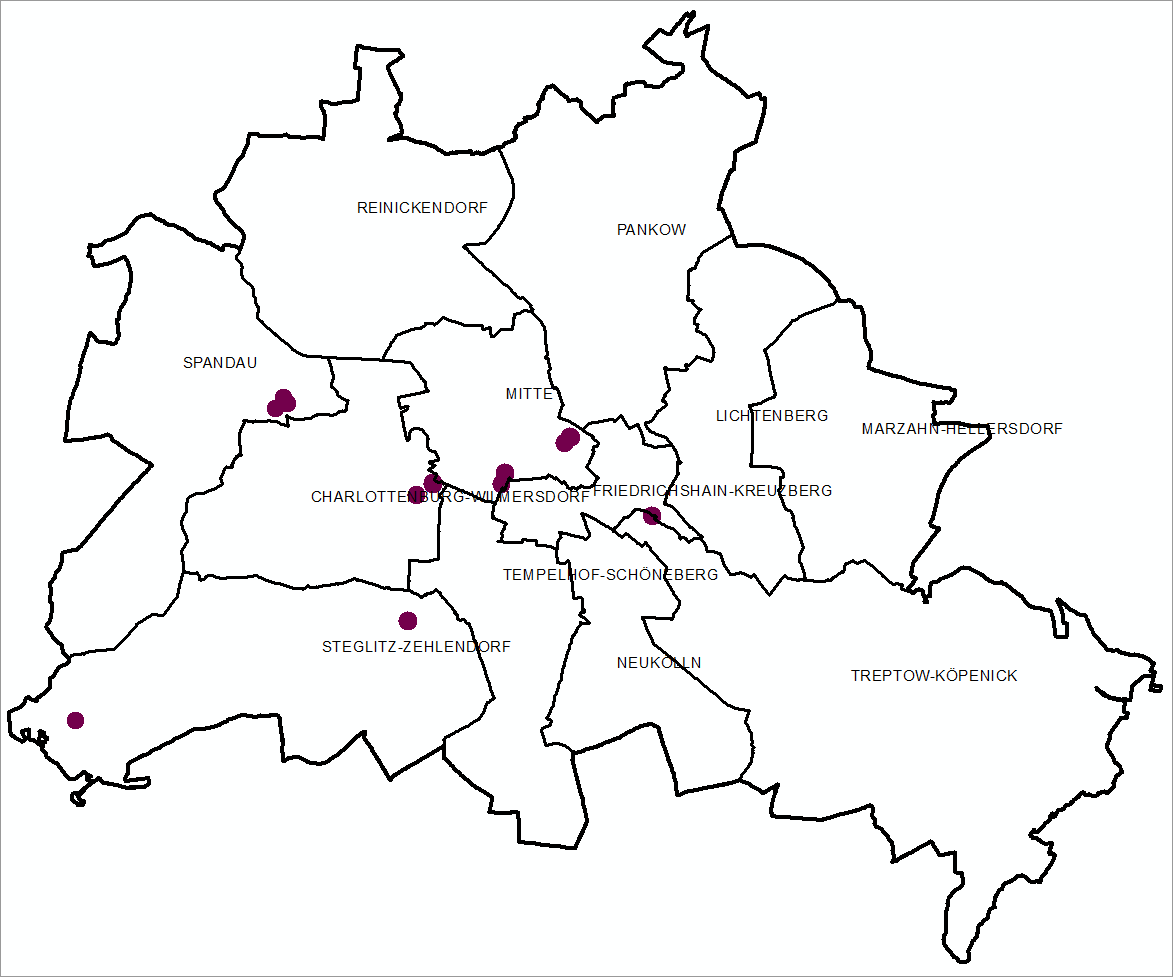 Abb. 6: Lage der fertiggestellten Gebäude und Bauwerke mit einer Mindesthöhe von 100 m in Berlin, maßstabsbedingt nur als Schwerpunktdarstellung (Stand: 06.04.2021) (Bild: Umweltatlas Berlin)