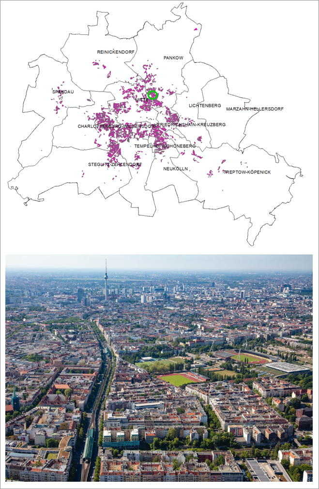 Fig. 4: top: Distribution of the block and block-edge development area types (types 1, 2, 3, 7) in Berlin (green circle: location of the area depicted in the photo); bottom: view from the North facing the TV tower / Alexanderplatz along Schönhauser Allee (centre right: Friedrich-Ludwig-Jahn Stadion (stadium))
