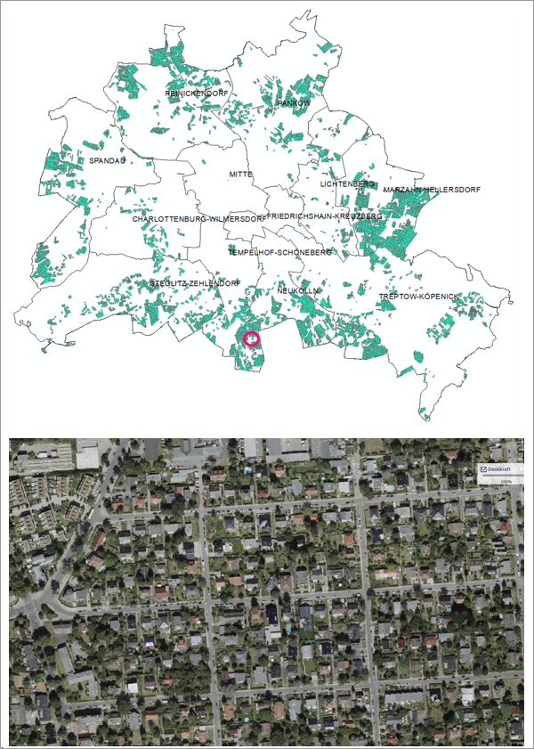 Fig. 5: top: Distribution of area types 22 “Row houses and duplexes” and 23 “Detached single-family homes with yards” in Berlin (red circle: location of the area depicted in the aerial photograph); bottom: Section of aerial photograph on the southern edge of the city (Lichtenrade suburb)
