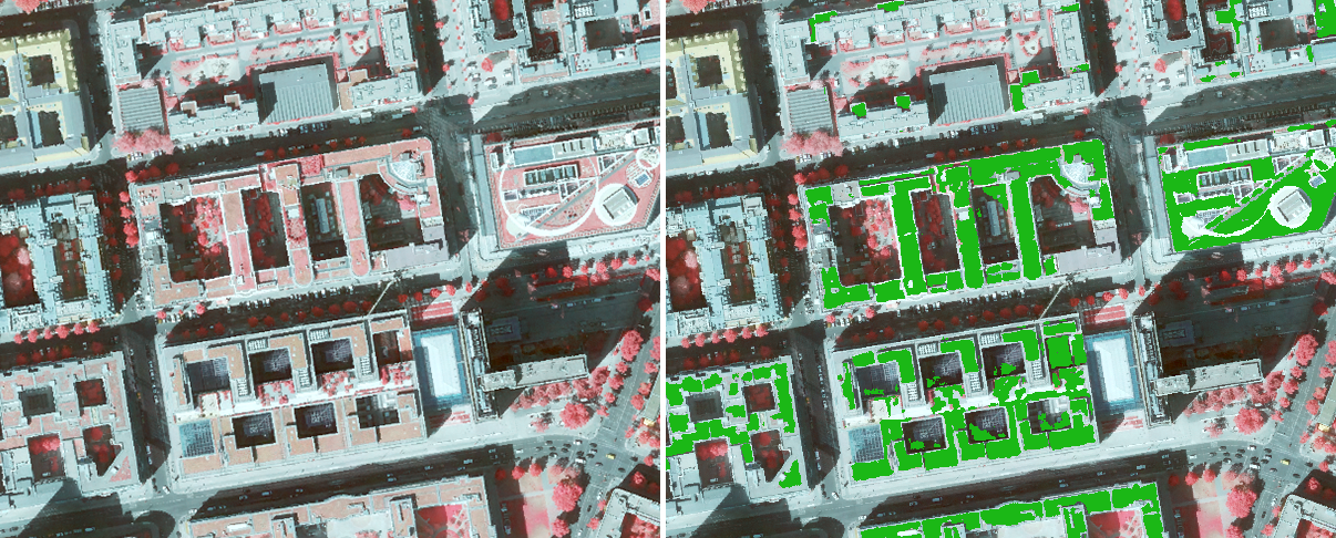 Fig. 2: Supervised classification results, left: TrueOrthophoto, 2020; right: automated preliminary mapping of the green roof inventory (green) (Image: Umweltatlas Berlin)