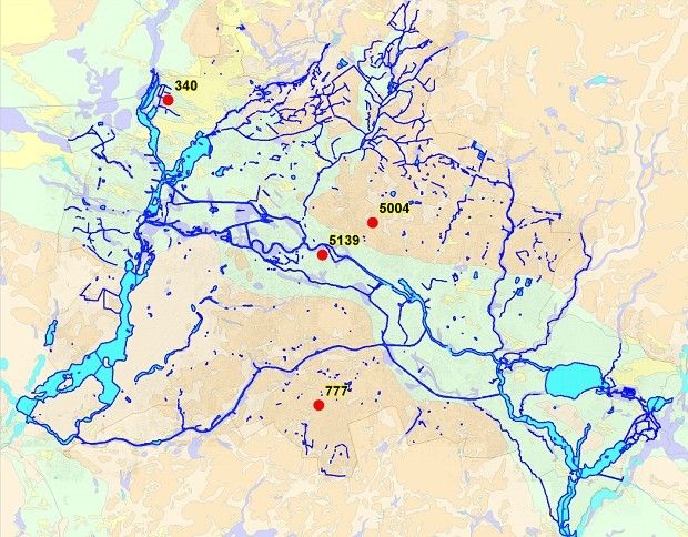 Abb. 12: Lage von vier beispielhaften Grundwassermessstellen: 340 und 5139 im Urstromtal, 777 auf der Teltow-Hochfläche und 5004 auf der Barnim-Hochfläche