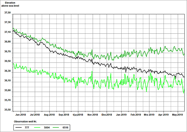 Fig. 14: Hydrograph of groundwater level of three groundwater observation wells on the Teltow plateau (777) and on the Barnim plateau (5004 and 6516) from May 15, 2018 to May 15, 2019