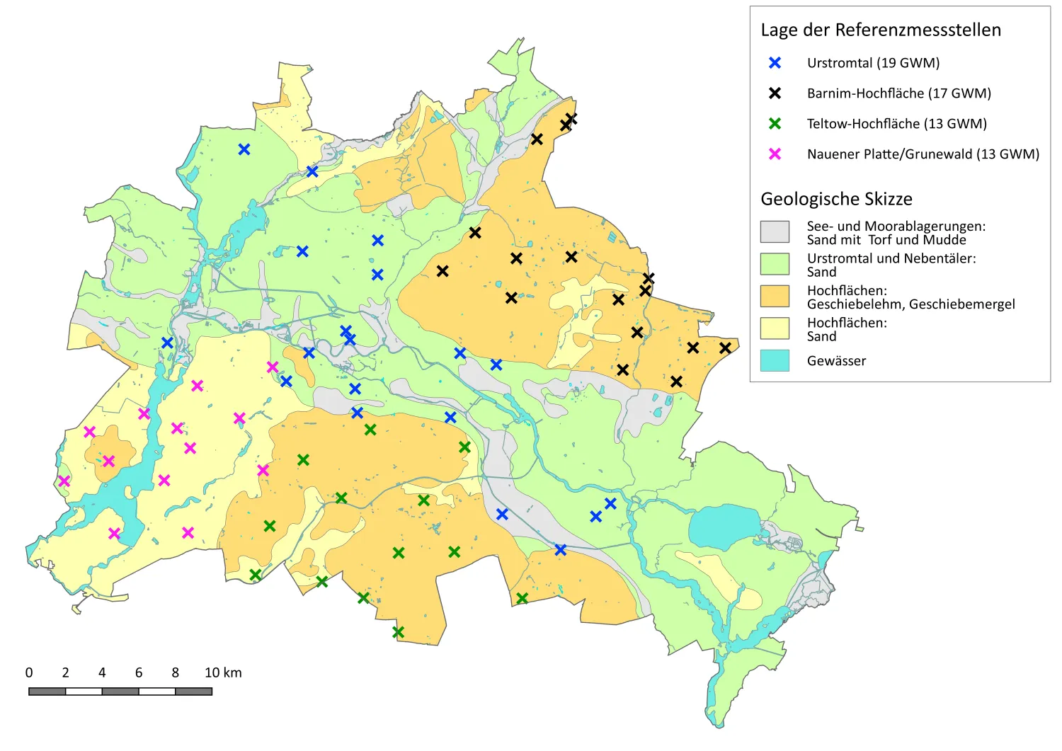 Abb. 11: Lage und Anzahl der charakteristischen Grundwassermessstellen in den jeweiligen hydrogeologischen Teilräumen (Bild: Umweltatlas Berlin)
