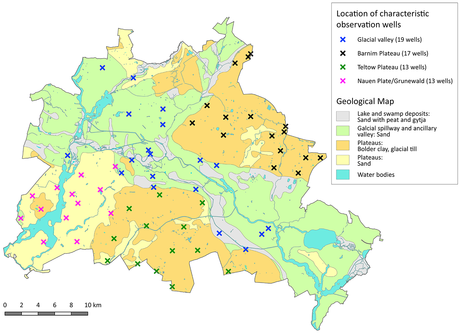 Fig. 11: Location and number of characteristic observation wells in the different hydrogeological areas (Image: SenUVK)