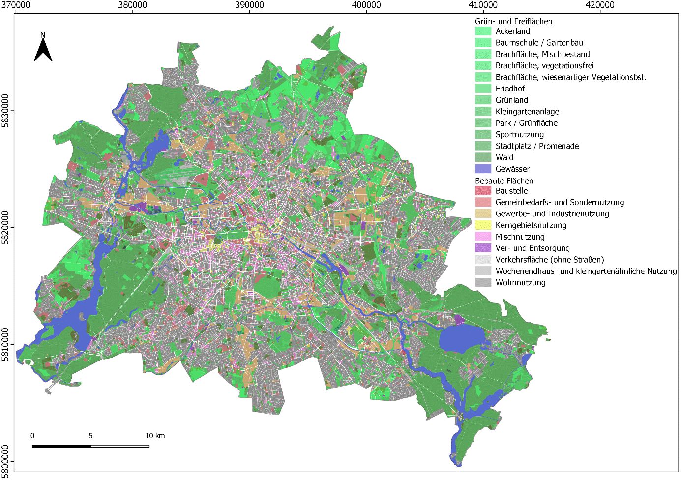 Abb. 4: Darstellung der Flächennutzung in Berlin aus Matthée, H. K. (2021) in Anlehnung an Karte 06.01 Reale Nutzung der bebauten Flächen (Ausgabe 2016) (Bild: Mathée H. K. 2021)