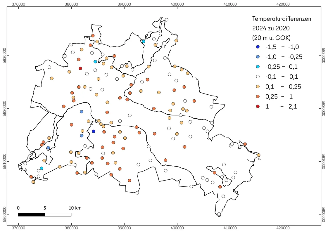 Abb. 14: Temperaturdifferenzen in 20 m Tiefe von 2024 zu 2020