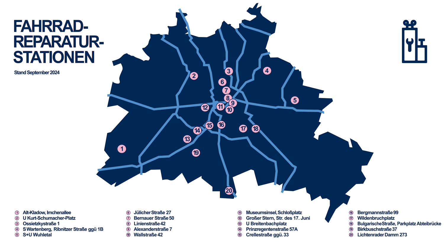 Geplante Fahrradreparaturstationen in Berlin, Stand September2024 (Bild: SenMVKU)