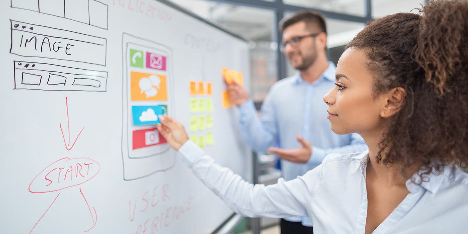 Junge Frau und Mann beim Brainstorming an einem Whiteboard