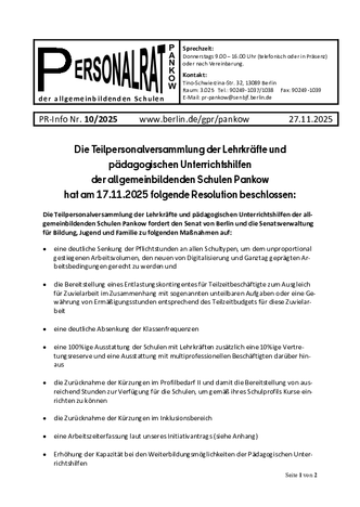 PR-Info 10/2025: Resolution der Teilpersonalversammlung der Lehrkräfte und pädagogischen Unterrichtshilfen