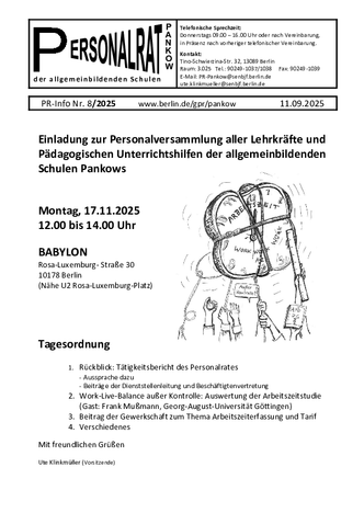 08/2025: Einladung zur Personalversammlung der Lehrkräfte und Pädagogischen Unterrichtshilfen der allgemeinbildenden Schulen Pankows