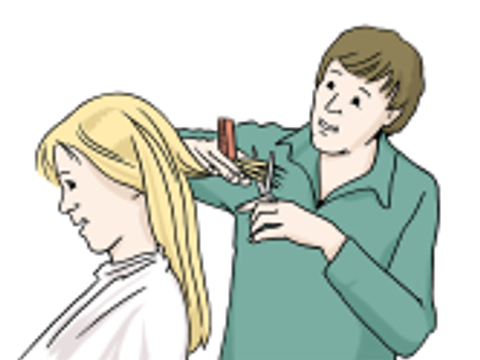 Grafik einer blonden Frau, die sich die Haare schneiden lässt