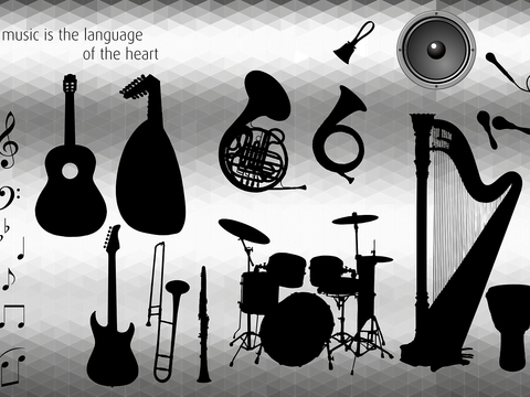 verschiedene Instrumente schwarz mit dem Schriftzug Musik ist die Sprache des Herzens
