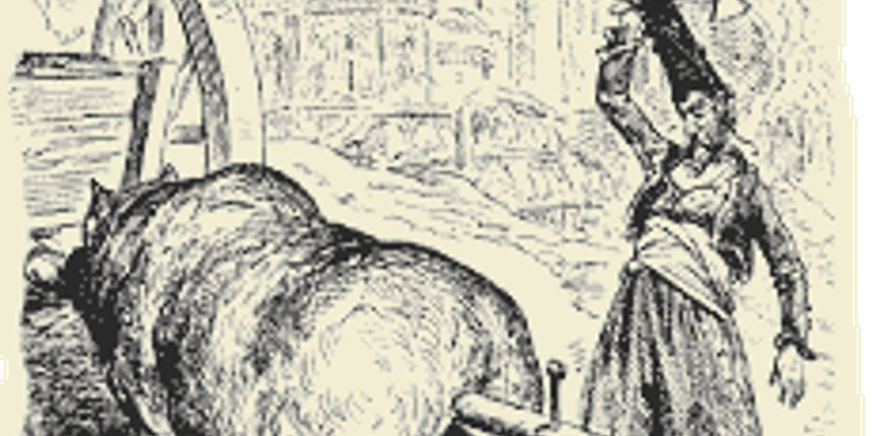 Zeichnung eine Wagendeichsel durchbohrt einen Bär daneben steht ein Mann