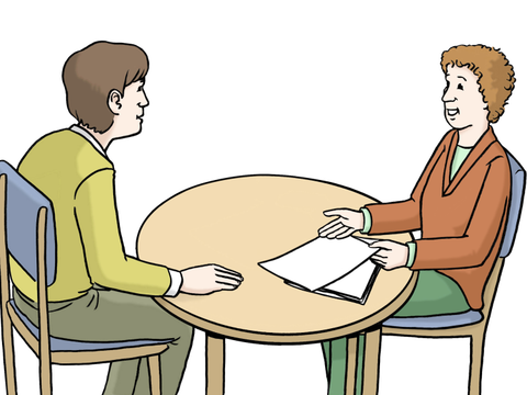 Illustration einer Beratungssituation: zwei Personen sitzen an einem Tisch