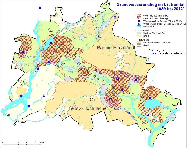 Abb. 10: Grundwasseranstieg von 1989 bis 2012 im Urstromtal
