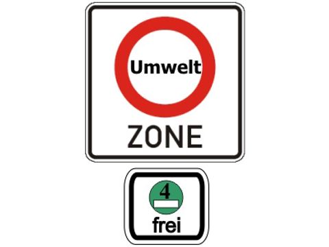 Ausschilderung für den Beginn einer Umweltzone, für die Fahrzeuge mit der grünen Plakette gekennzeichnet sein müssen.
