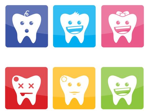 Lustige bunte Icons mit Zähnen für Kinderzahnärzte