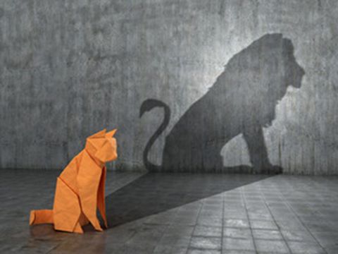 Papierkatze vor Schattenbild eines Löwen