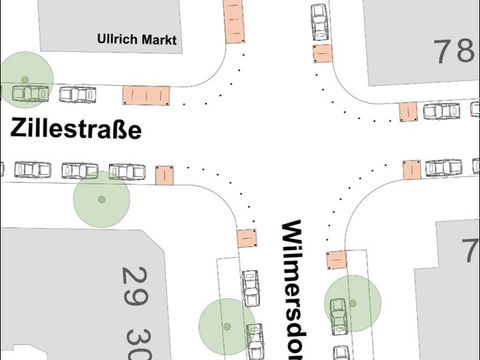 Planzeichnung einer Kreuzung mit Radabstellanlagen im Kreuzungsbereich zur Sicherung der Fußgängerquerungen