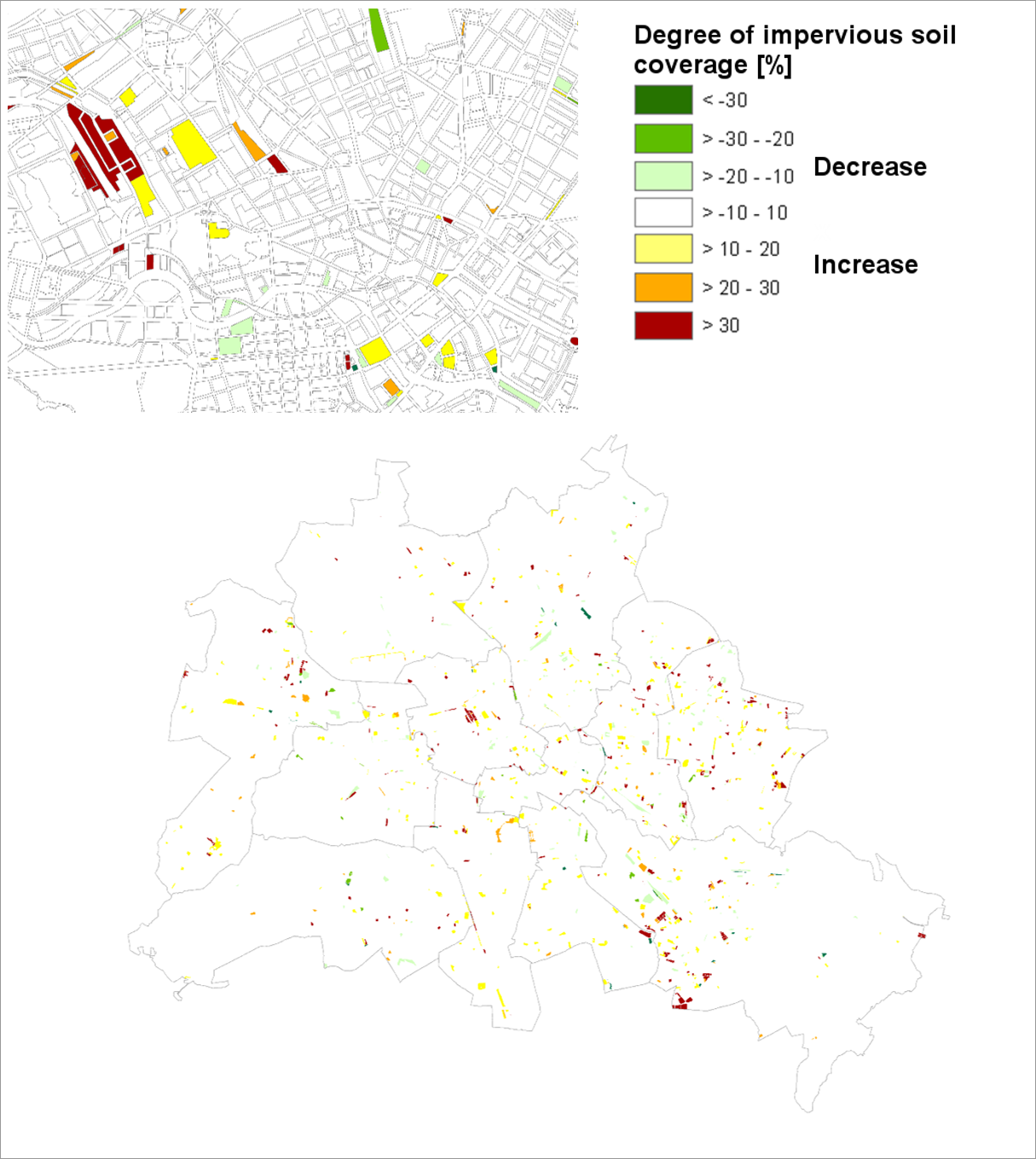 Fig. 6: Map of changes of impervious coverage between 2016 und 2021, top left section: area around the Hauptbahnhof (Central Station) with Europacity 