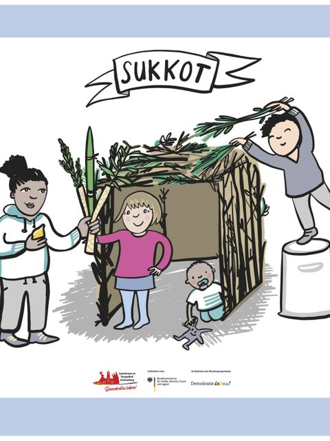 Mehrere Menschen bauen aus verschiedenen Gräsern und getreiden eine Art Haus. Darüber steht Sukkot.