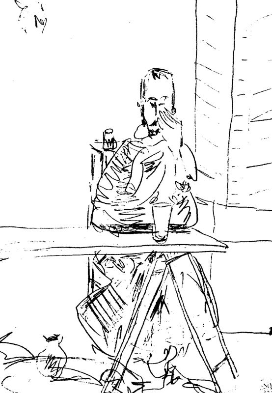 Skizze von einem Menschen am Tisch