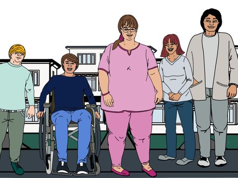 Zeichnung: verschiedene Menschen mit und ohne Behinderung in einer Wohn-Siedlung