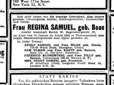 Traueranzeige der jüdischen Zeitung „Aufbau“, 13.9.1946