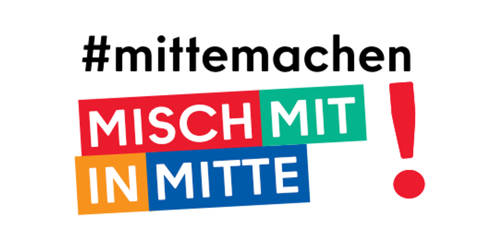Logo des Büros für Bürgerbeteiligung. Hashtag Mittemachen, Misch mit in Mitte!