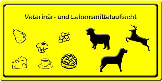 Gelbes Schild mit Lebensmitteln und Tieren