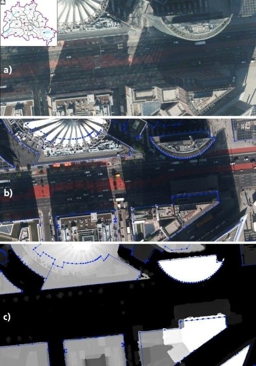 Fig. 6: A comparison of the DOP and the TOM: a) DSP 20RGB 2011, with tilted building images, b) TOM RGB, with ALK building contours and building edges superimposed and corrected true to the position, c) NDSM with ALK building contours superimposed