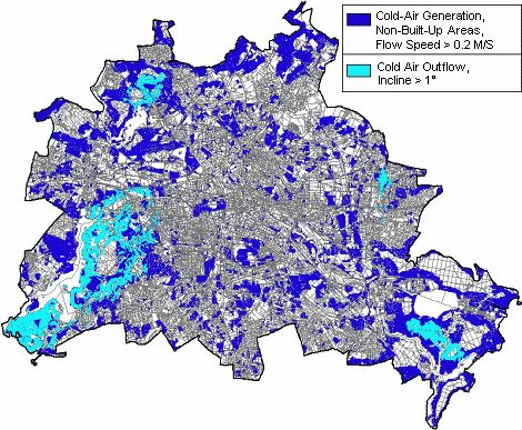 Areas involved in cold-air generation or cold air out-flow in the urban areas of Berlin during a low-exchange cloudless summer night