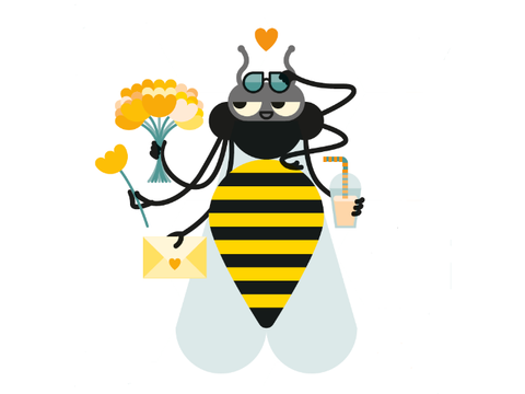 Bildvergrößerung: Grafik von einer Bienen-Drohne mit Blumenstrauß, Liebesbrief, Getränk und Herz überm Kopf.