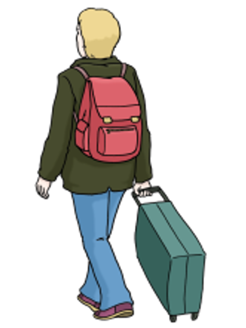 Zeichnung: ein Mann mit Rucksack und Koffer