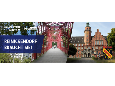 Bildreihe Reinickendorf mit Rathaus und Slogan in Blau Reinickendorf braucht dich