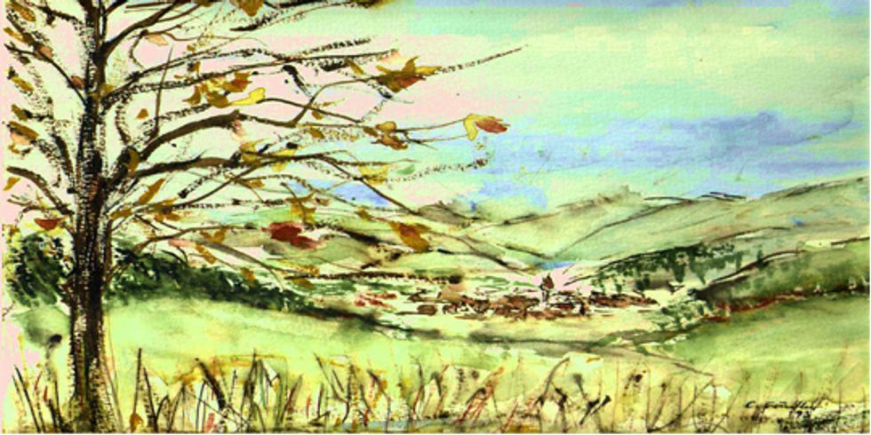 Herbstlandschaft mit Baum Dorf und Wiese, Gemälde der Malerin
