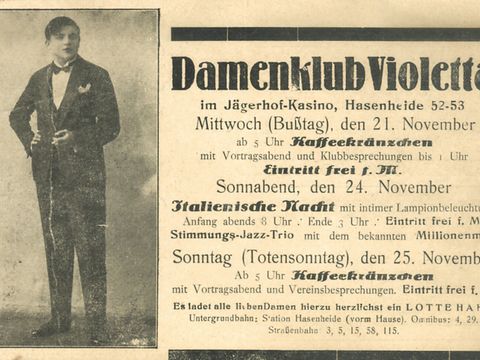 Anzeige für den DAmenklub Violetter mit einem Bild von Lotte Hahm