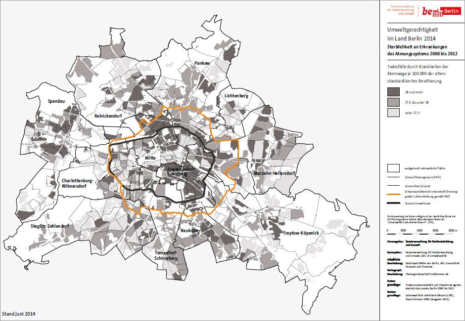 Bildvergrößerung: Abb. 6: Verteilung der Sterblichkeit an Erkrankungen des Atmungssystems 2006-2012 auf der Ebene der Planungsräume in Berlin 
