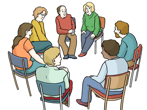 Sieben ganz verschiedene Personen sitzen in einem Kreis und sprechen miteinander