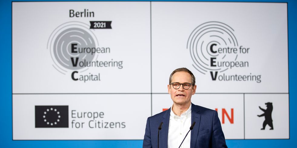 Governing Mayor Michael Müller at the festive digital opening of the European Volunteering Capital 2021.